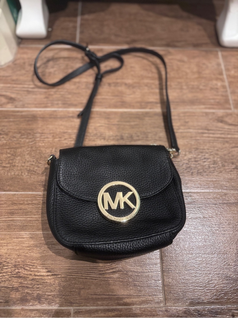 Michael Kors Black Pebbled Leather Crossbody with Gold MK Emblem